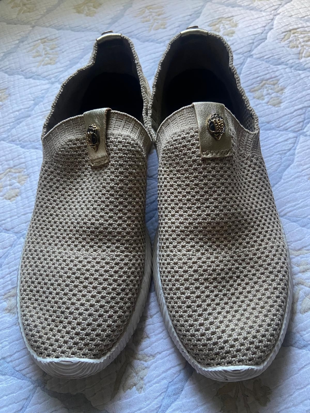 Kurt Geiger Women's Slip-On Knit Sneakers in Light Beige with Gold Accent